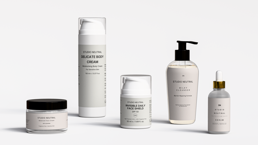 Collection of skincare products from Studio Neutral on a white background