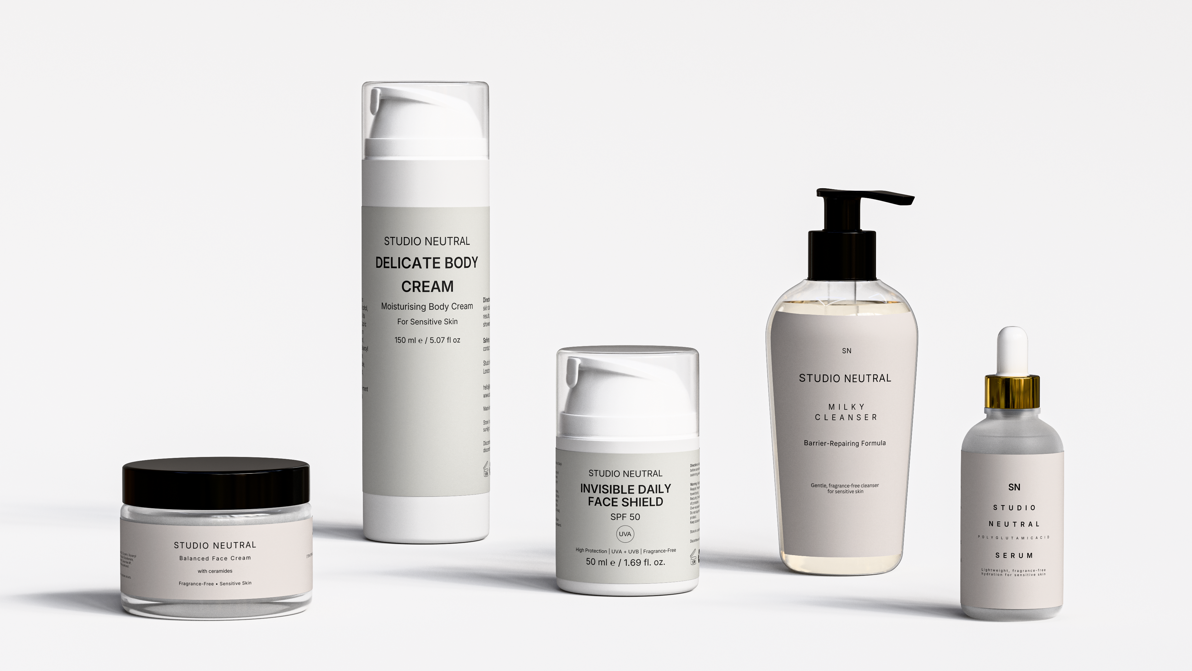 Collection of skincare products from Studio Neutral on a white background
